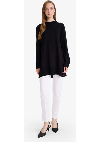 Regular Fit Bisiklet Yaka Yırtmaçlı Basic Düz Triko Kazak Tunik H3431AZ25WN