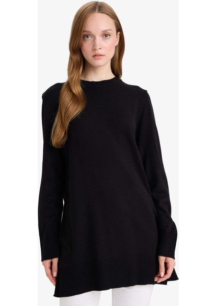 Regular Fit Bisiklet Yaka Yırtmaçlı Basic Düz Triko Kazak Tunik H3431AZ25WN