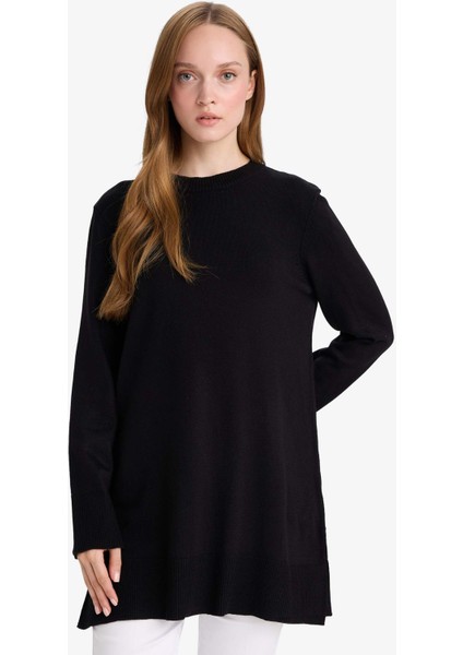 Regular Fit Bisiklet Yaka Yırtmaçlı Basic Düz Triko Kazak Tunik H3431AZ25WN