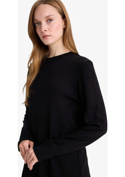 Regular Fit Bisiklet Yaka Yırtmaçlı Basic Düz Triko Kazak Tunik H3431AZ25WN