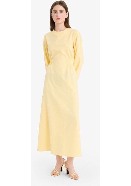 Relax Fit Bisiklet Yaka Keten Karışımlı Uzun Kollu Maxi Elbise F1342AX25SM