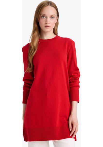 Regular Fit Bisiklet Yaka Yırtmaçlı Basic Düz Triko Kazak Tunik