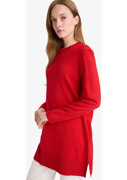 Regular Fit Bisiklet Yaka Yırtmaçlı Basic Düz Triko Kazak Tunik