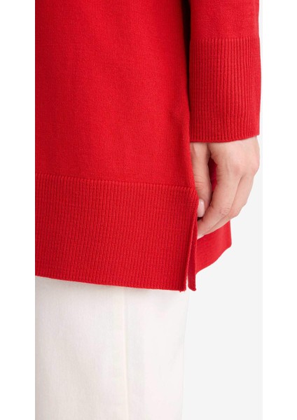 Regular Fit Bisiklet Yaka Yırtmaçlı Basic Düz Triko Kazak Tunik