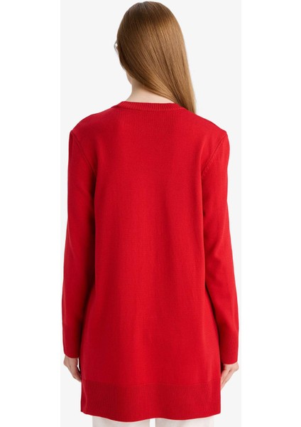 Regular Fit Bisiklet Yaka Yırtmaçlı Basic Düz Triko Kazak Tunik