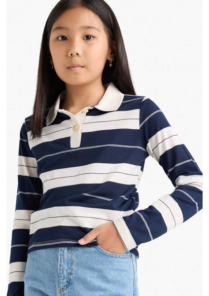 Kız Çocuk Fitted Polo Yaka Çizgili Uzun Kollu Tişört F2253A825AU