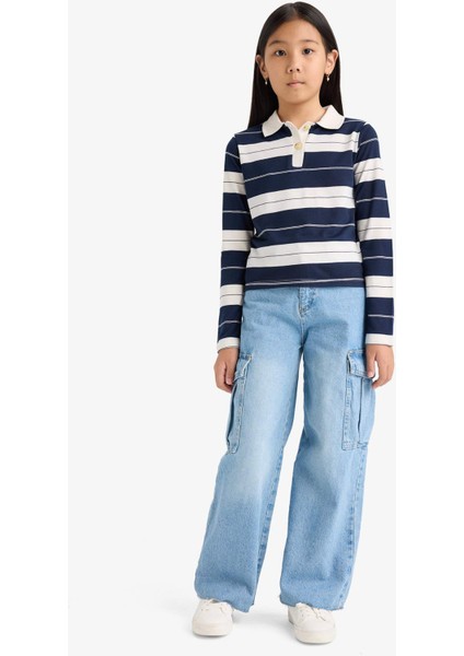 Kız Çocuk Fitted Polo Yaka Çizgili Uzun Kollu Tişört F2253A825AU