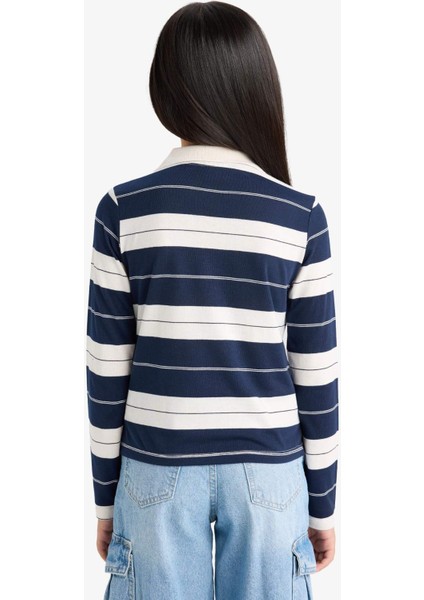 Kız Çocuk Fitted Polo Yaka Çizgili Uzun Kollu Tişört F2253A825AU