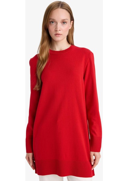 Regular Fit Bisiklet Yaka Yırtmaçlı Basic Düz Triko Kazak Tunik H3431AZ25WN