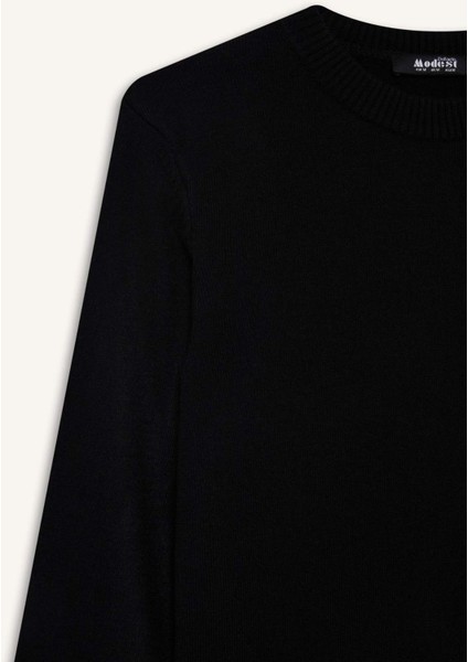 Regular Fit Bisiklet Yaka Yırtmaçlı Basic Düz Triko Kazak Tunik H3431AZ25WN