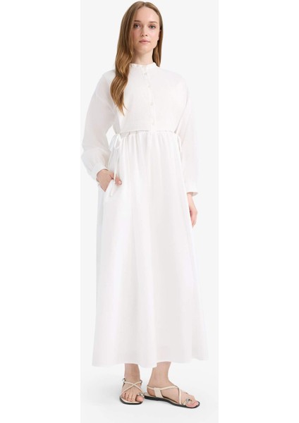 Relax Fit Bisiklet Yaka Kuşaklı Poplin Uzun Kollu Maxi Tesettür Elbise F1382AX25SM