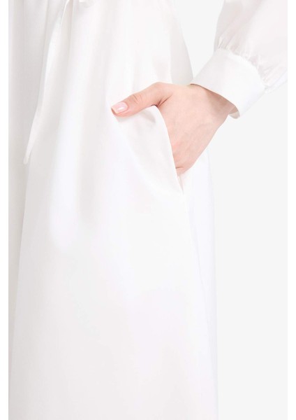 Relax Fit Bisiklet Yaka Kuşaklı Poplin Uzun Kollu Maxi Tesettür Elbise F1382AX25SM