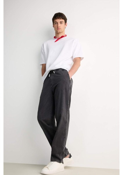 Yazlık Wide Leg Geniş Kalıp Beli Lastikli Geniş Paça Jean Kar Yıkamalı Pantolon