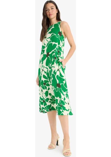 Halter Yaka Çiçek Desenli Cepli Kolsuz Midi Yazlık Elbise F2341AX25SM