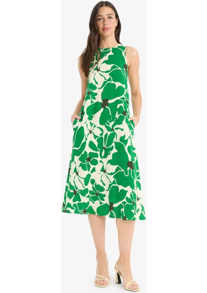 Halter Yaka Çiçek Desenli Cepli Kolsuz Midi Yazlık Elbise F2341AX25SM