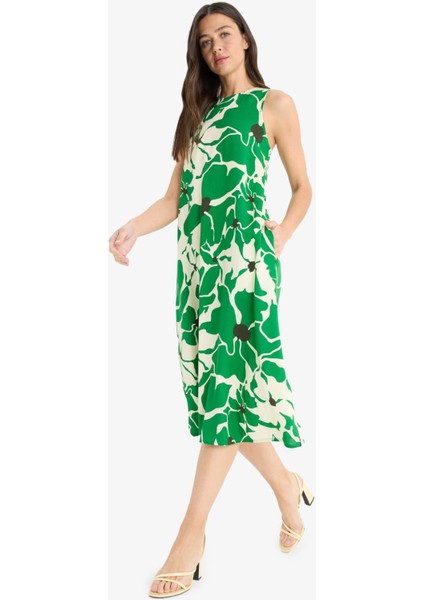 Halter Yaka Çiçek Desenli Cepli Kolsuz Midi Yazlık Elbise F2341AX25SM