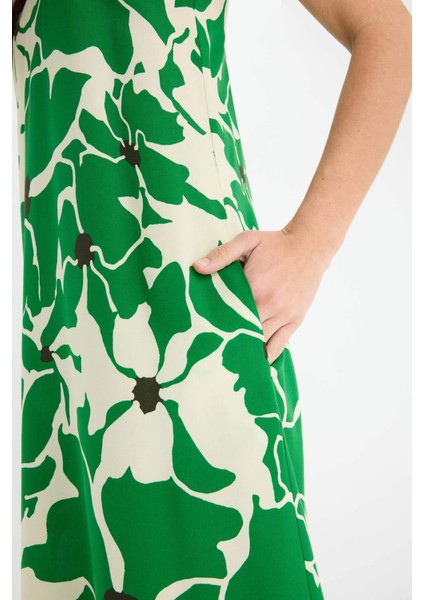 Halter Yaka Çiçek Desenli Cepli Kolsuz Midi Yazlık Elbise F2341AX25SM