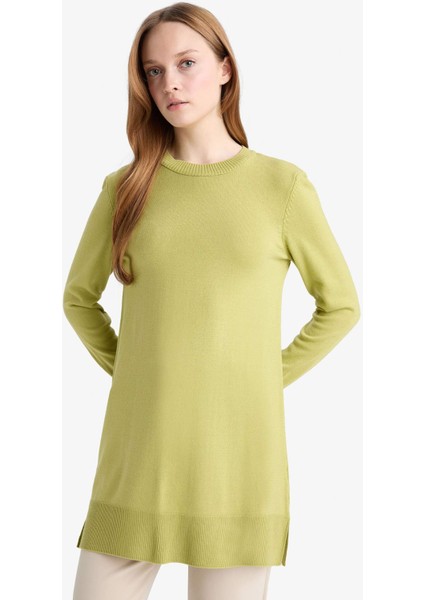 Regular Fit Bisiklet Yaka Yırtmaçlı Basic Düz Triko Kazak Tunik H3431AZ25WN