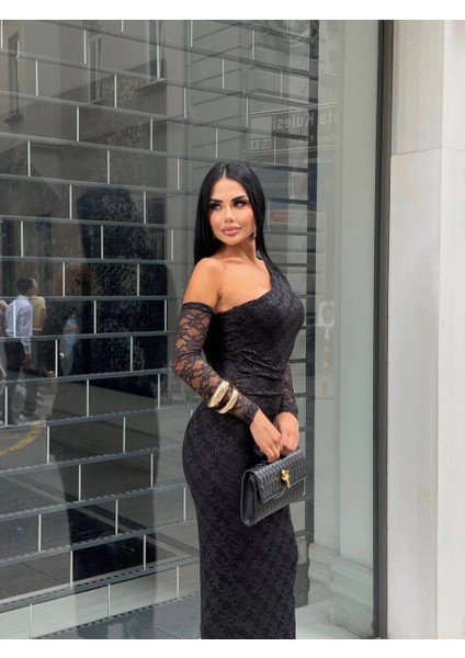 Seyyar Kol Detaylı Uzun Elbise