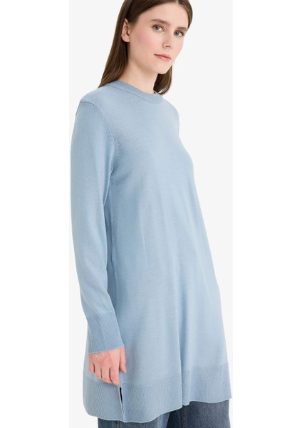 Regular Fit Bisiklet Yaka Yırtmaçlı Basic Düz Triko Kazak Tunik H3431AZ25WN