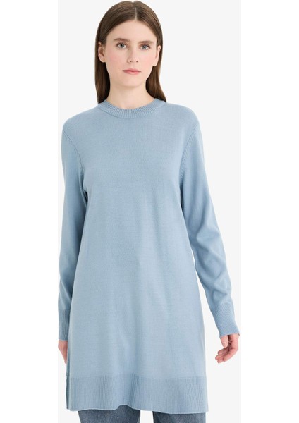 Regular Fit Bisiklet Yaka Yırtmaçlı Basic Düz Triko Kazak Tunik H3431AZ25WN