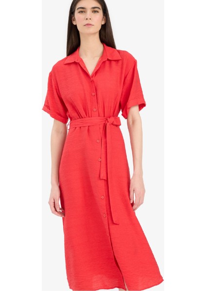 Gömlek Yaka Kuşaklı Kısa Kollu Kırmızı Midi Yazlık Elbise F2113AX25SM