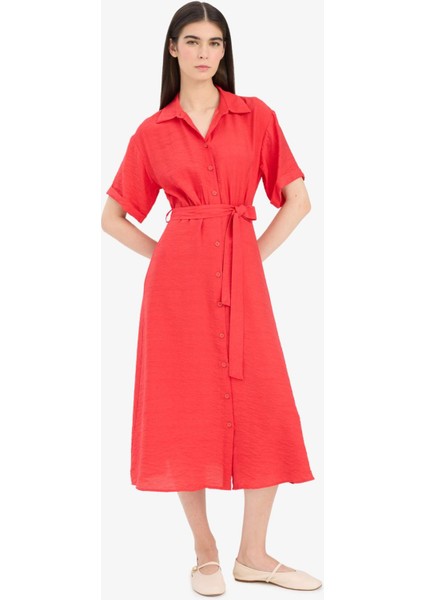 Gömlek Yaka Kuşaklı Kısa Kollu Kırmızı Midi Yazlık Elbise F2113AX25SM