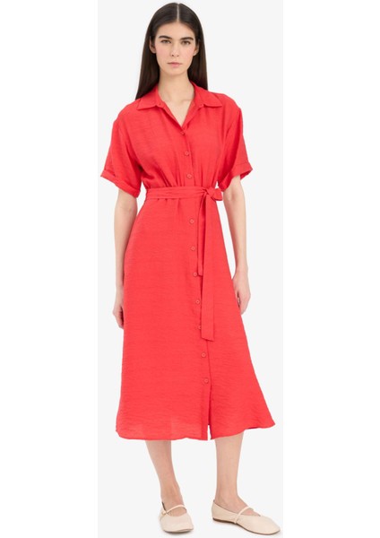 Gömlek Yaka Kuşaklı Kısa Kollu Kırmızı Midi Yazlık Elbise F2113AX25SM