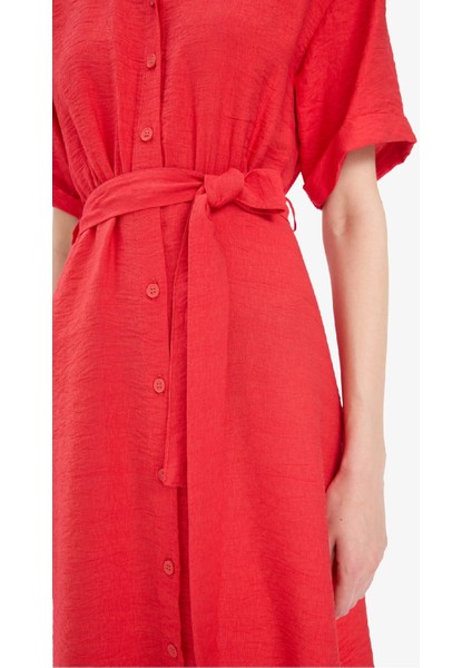 Gömlek Yaka Kuşaklı Kısa Kollu Kırmızı Midi Yazlık Elbise F2113AX25SM