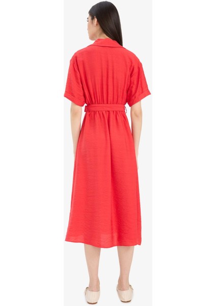 Gömlek Yaka Kuşaklı Kısa Kollu Kırmızı Midi Yazlık Elbise F2113AX25SM