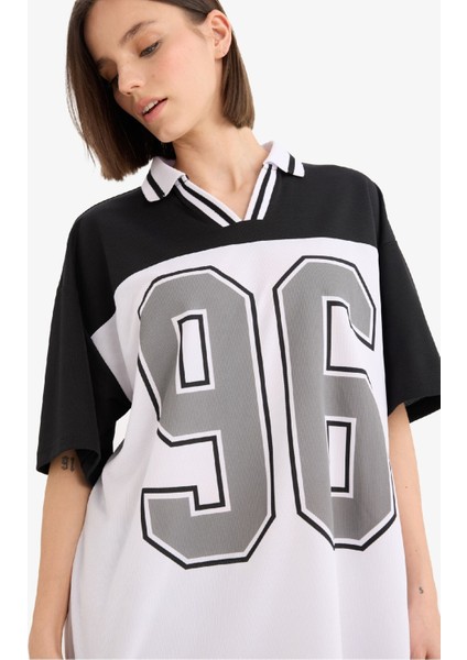 Coool Oversize Geniş Kalıp Polo Yaka Baskılı Forma Kumaşı Kısa Kollu Tişört F1968AX25SM