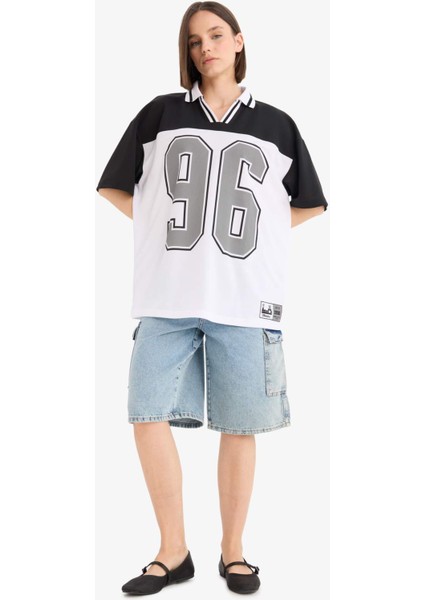 Coool Oversize Geniş Kalıp Polo Yaka Baskılı Forma Kumaşı Kısa Kollu Tişört F1968AX25SM