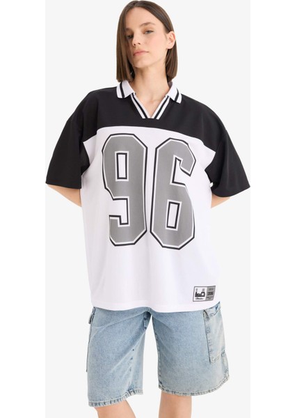 Coool Oversize Geniş Kalıp Polo Yaka Baskılı Forma Kumaşı Kısa Kollu Tişört F1968AX25SM