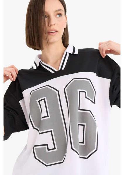 Coool Oversize Geniş Kalıp Polo Yaka Baskılı Forma Kumaşı Kısa Kollu Tişört F1968AX25SM