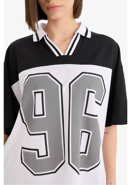 Coool Oversize Geniş Kalıp Polo Yaka Baskılı Forma Kumaşı Kısa Kollu Tişört F1968AX25SM