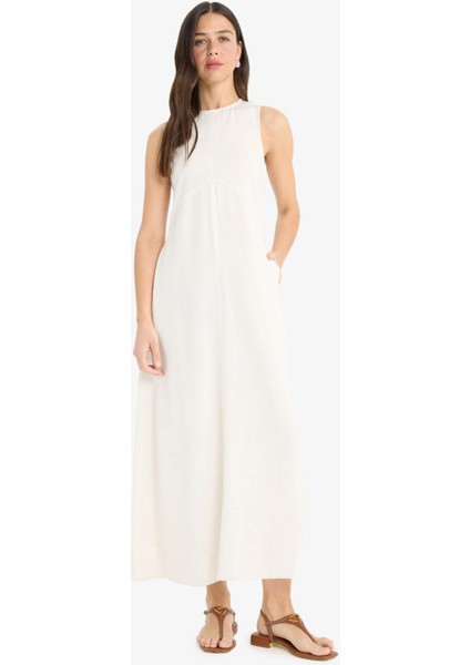 Bisiklet Yaka Cepli Basic Düz Keten Karışımlı Kolsuz Maxi Yazlık Elbise E6022AX25SM