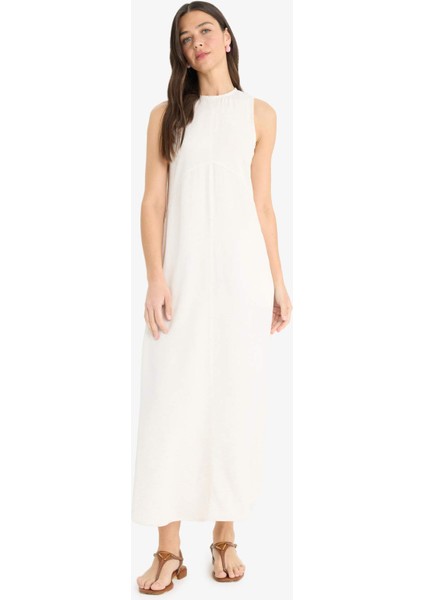 Bisiklet Yaka Cepli Basic Düz Keten Karışımlı Kolsuz Maxi Yazlık Elbise E6022AX25SM