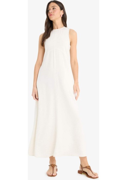 Bisiklet Yaka Cepli Basic Düz Keten Karışımlı Kolsuz Maxi Yazlık Elbise E6022AX25SM