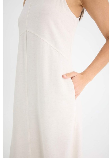 Bisiklet Yaka Cepli Basic Düz Keten Karışımlı Kolsuz Maxi Yazlık Elbise E6022AX25SM