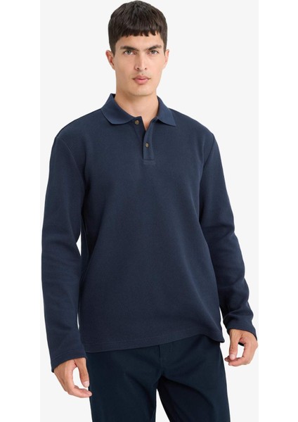 %100 Pamuk Regular Fit Polo Yaka Düğmeli Dokulu Sweatshirt