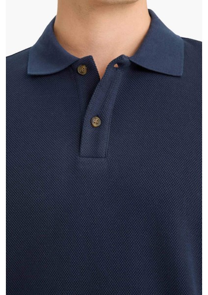 %100 Pamuk Regular Fit Polo Yaka Düğmeli Dokulu Sweatshirt