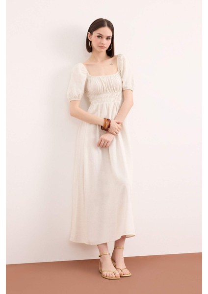 Kare Yaka Keten Karışımlı Kısa Kollu Midi Yazlık Elbise E6013AX25SM