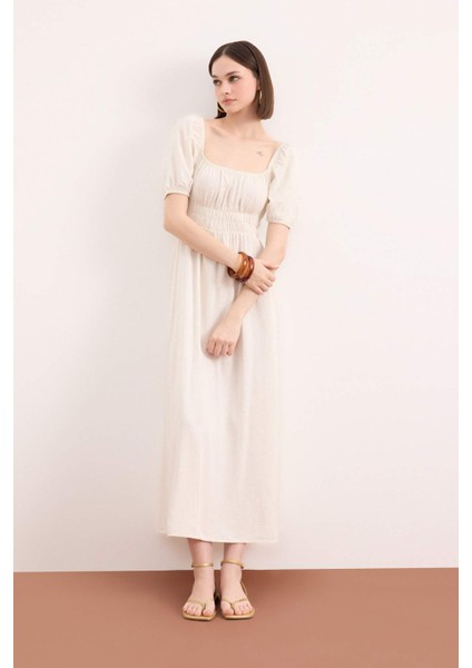 Kare Yaka Keten Karışımlı Kısa Kollu Midi Yazlık Elbise E6013AX25SM