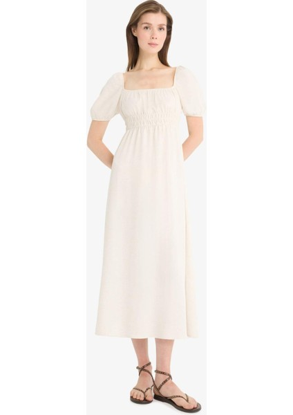 Kare Yaka Keten Karışımlı Kısa Kollu Midi Yazlık Elbise E6013AX25SM