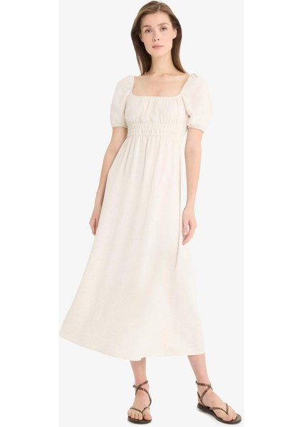 Kare Yaka Keten Karışımlı Kısa Kollu Midi Yazlık Elbise E6013AX25SM