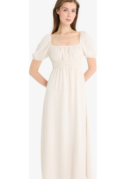 Kare Yaka Keten Karışımlı Kısa Kollu Midi Yazlık Elbise E6013AX25SM