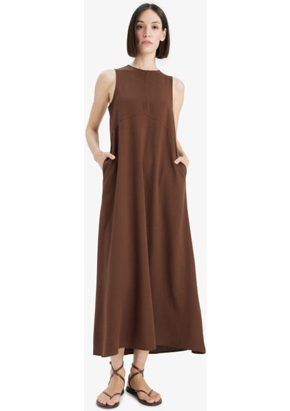 Bisiklet Yaka Keten Karışımlı Kolsuz Maxi Elbise E6022AX25SM