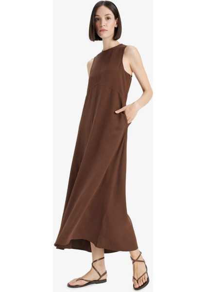 Bisiklet Yaka Keten Karışımlı Kolsuz Maxi Elbise E6022AX25SM
