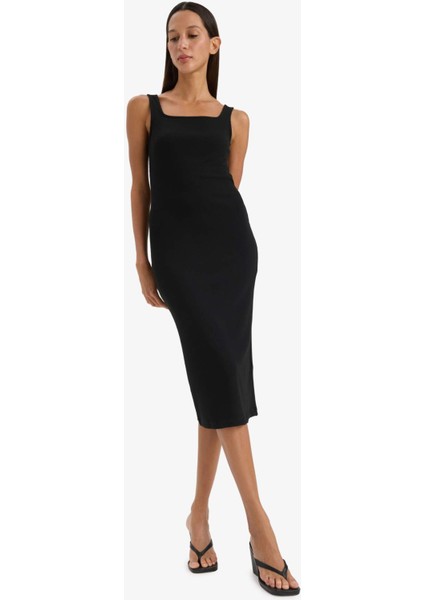 Bodycon Vücudu Saran Kare Yaka Basic Düz Fitilli Kaşkorse Askılı Midi Siyah Yazlık Elbise Z7577AZ25SM