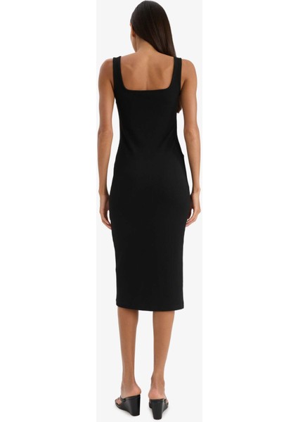 Bodycon Vücudu Saran Kare Yaka Basic Düz Fitilli Kaşkorse Askılı Midi Siyah Yazlık Elbise Z7577AZ25SM